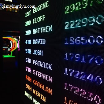 A digital leaderboard displaying names and scores in vibrant colors like green, blue, purple, and orange. The display is in a dark setting, possibly an arcade, and features a bright LED design.