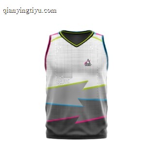 A sleeveless sports jersey with a modern design. The jersey features a pixelated gradient pattern transitioning from white at the top to dark gray at the bottom, accented with bright lines of pink, yellow, and teal. The collar is outlined in black and yellow, and there is a small logo near the upper chest area.